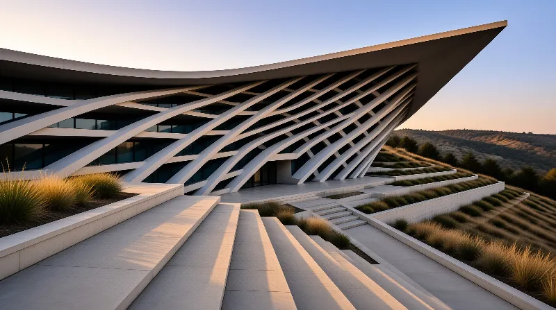 A sharp-angled white building with curved supports rests on stepped slopes during golden hour.