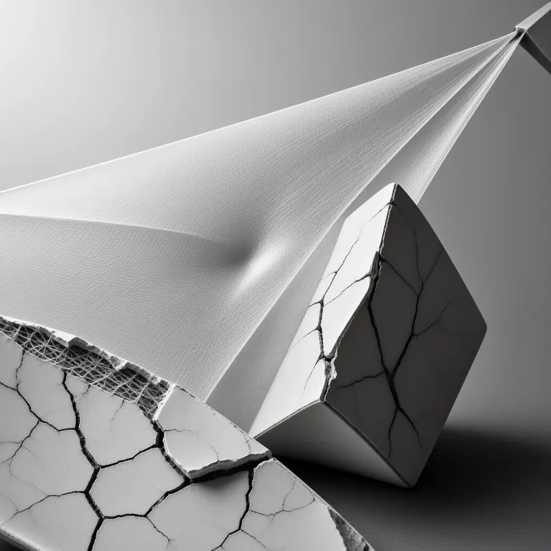 Taut white fabric strains against cracked geometric blocks in a monochrome study of tension and fragility.