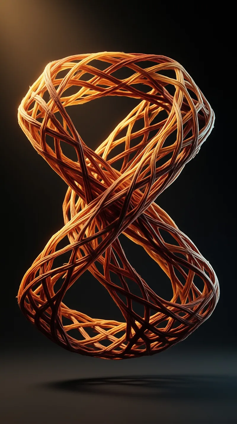 An amber colored fibrous structure twisted into a lemniscate shape hovers silently above a dark reflective surface.