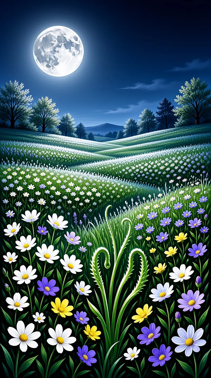 A serene night scene depicts a field of white purple and yellow flowers beneath a large glowing moon.
