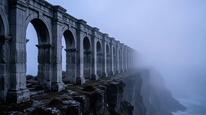 A row of weathered stone arches runs along a rocky seaside cliff, fading into pale cool fog under dim twilight skies.