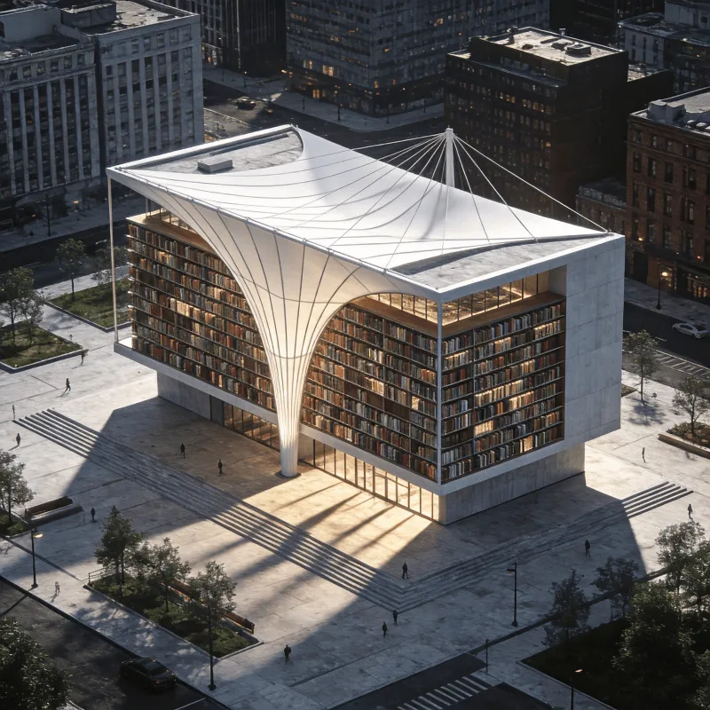 Library with Tensile Structure — Urban Plaza