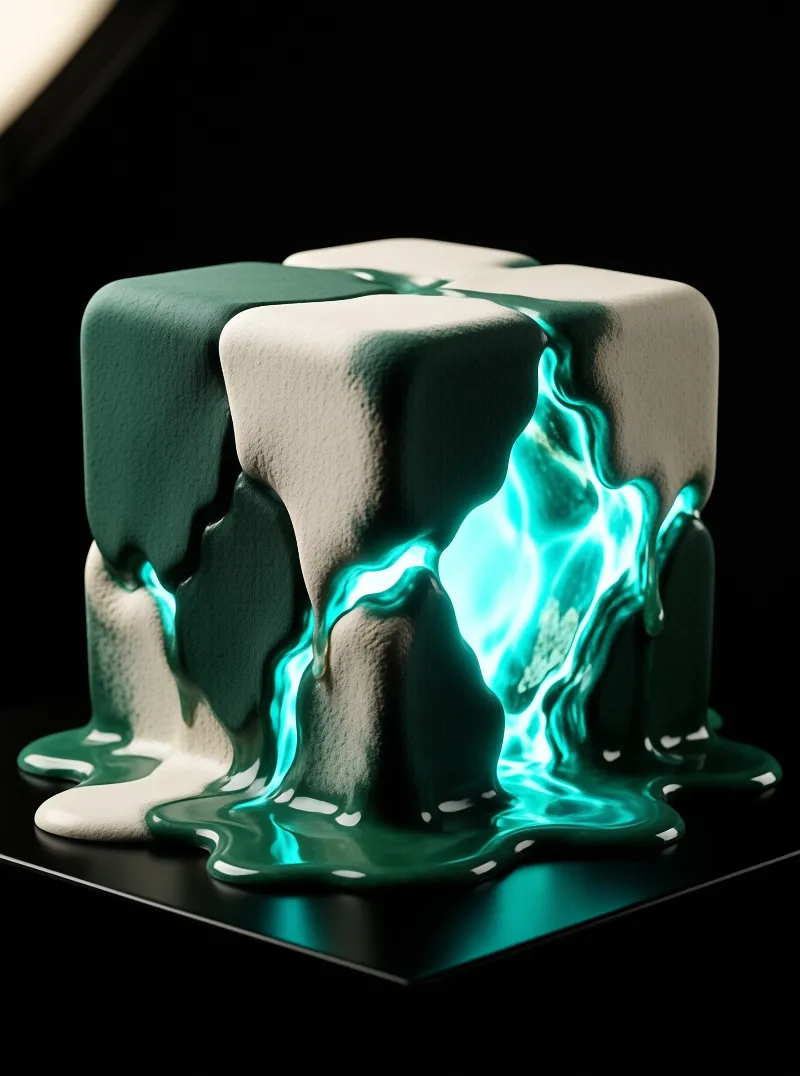 A porous white block melts into a pool of glowing teal liquid on a glossy black surface under dramatic lighting.