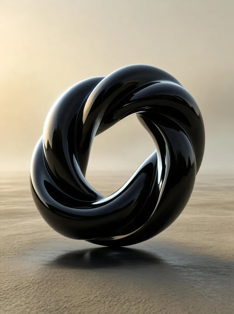 A shiny black twisted knot sculpture sits on a smooth sand flat under soft, diffused light.