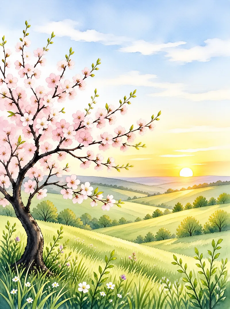 Watercolor painting of a pink blossoming tree beside rolling green hills at sunrise with a glowing sun and blue sky