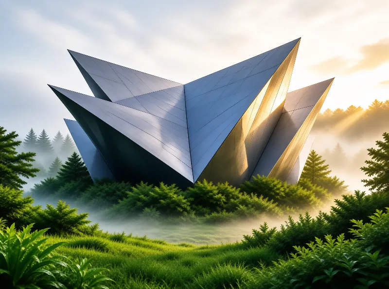 Sharp faceted star metal building stands in lush green misty forest as golden morning sun rays pierce the canopy.