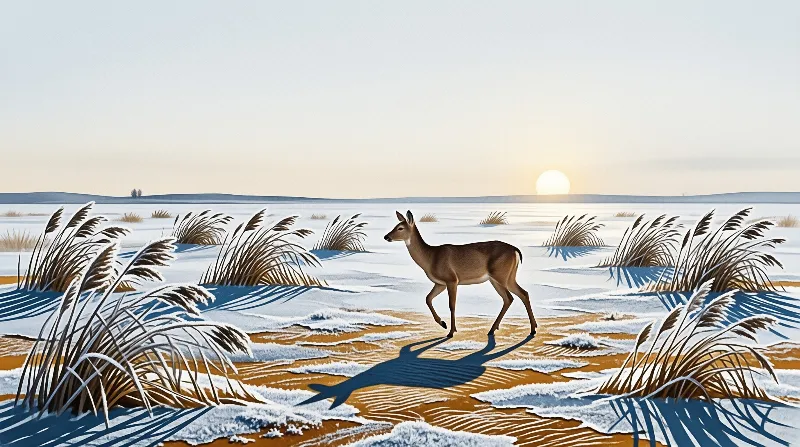 A brown deer walks through a snowy landscape dotted with dry grass tufts under a low sun casting long shadows.