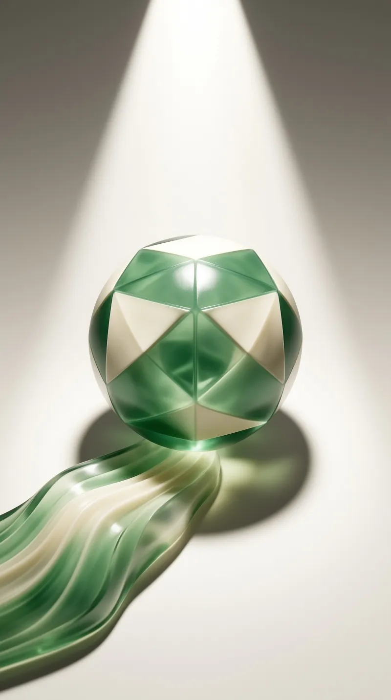 A glossy green and white geometric sphere sits above a wavy tail under a focused beam of light on a neutral background.