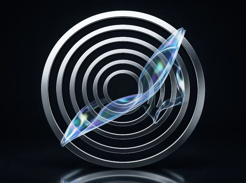 Concentric metallic rings are intersected by a flowing translucent ribbon with iridescent hues on a black background.