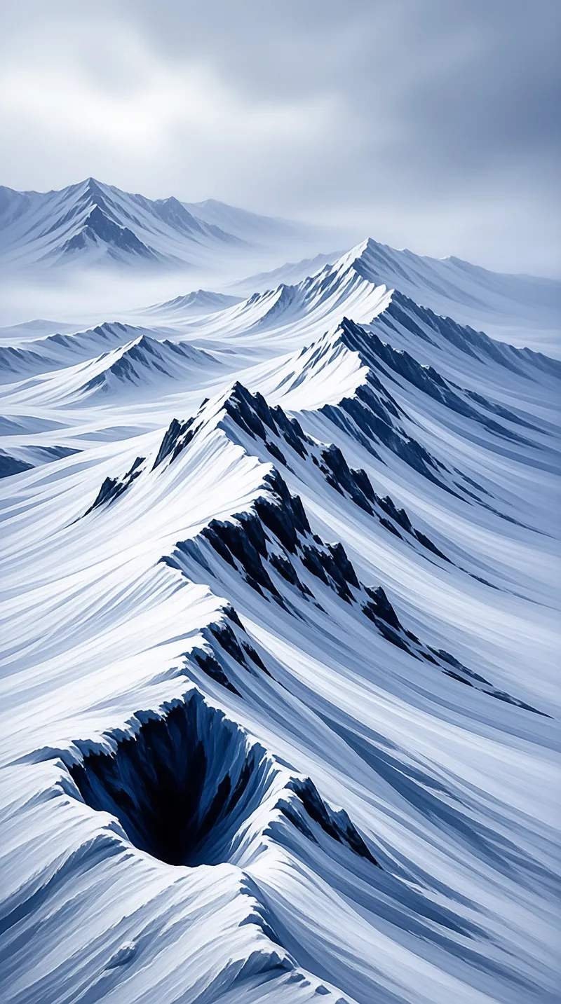A narrow dark rock ridge blanketed in white snow stretches toward layered peaks under an overcast winter sky.
