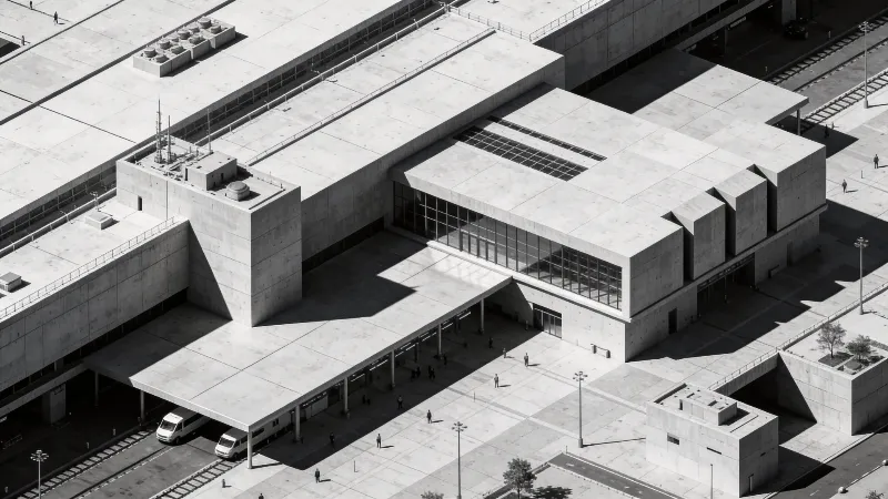 Terminal with Brutalist Massing — Urban Plaza