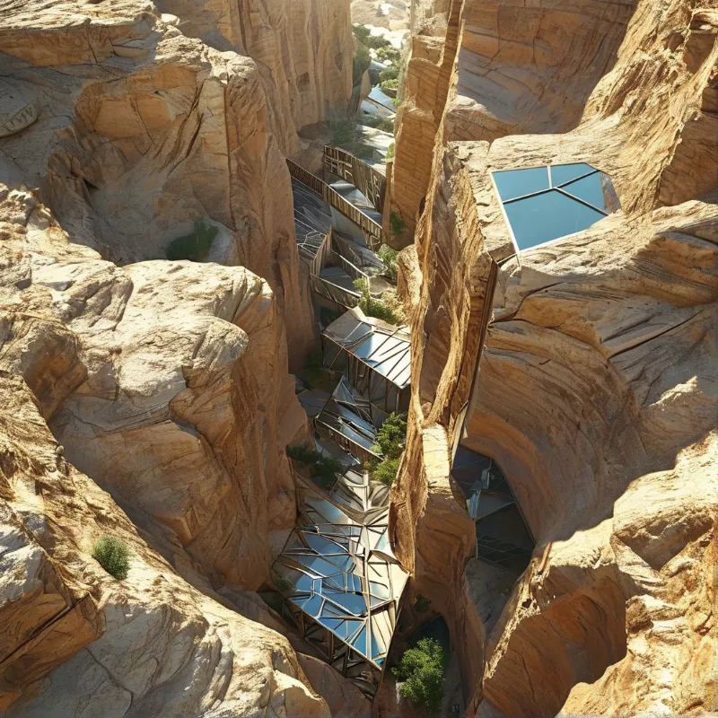 Steep canyon walls of orange rock enclose a series of glass-roofed structures winding through the gorge.