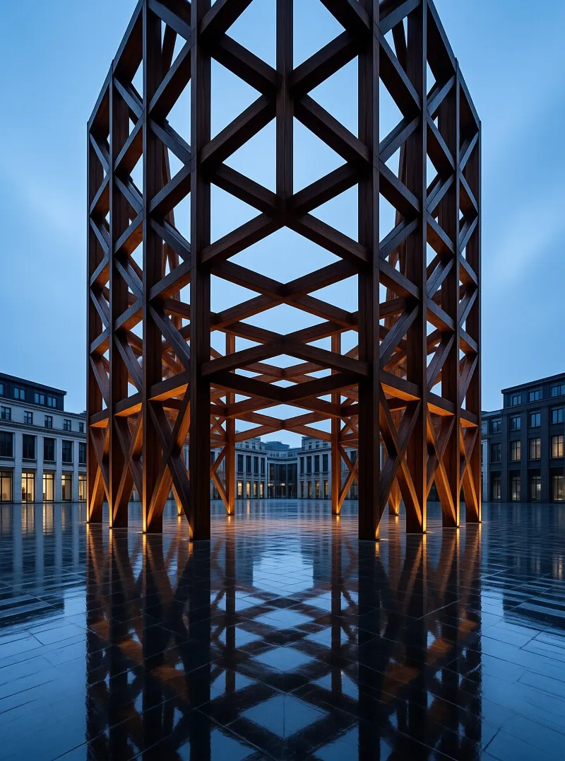 A tall wooden lattice pavilion glows warm orange on a wet plaza under a blue twilight sky.