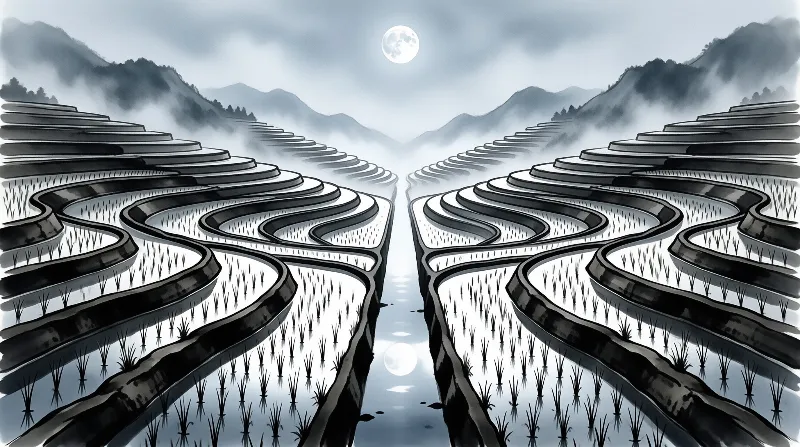 Flooded terraced rice fields sit symmetrically between misty mountain ranges, reflecting the bright full moon overhead.