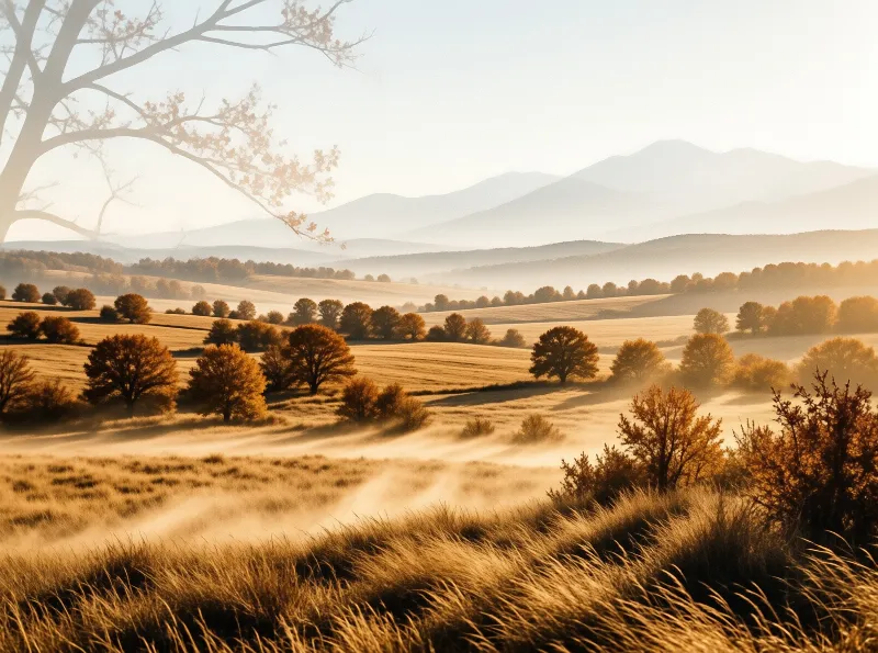 Low sun lights rolling grassland dotted with amber trees as morning mist settles in hollows below distant ridges.