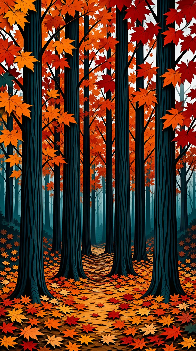 Stylized illustration of tall dark tree trunks surrounded by bright orange and red autumn leaves on the forest floor.