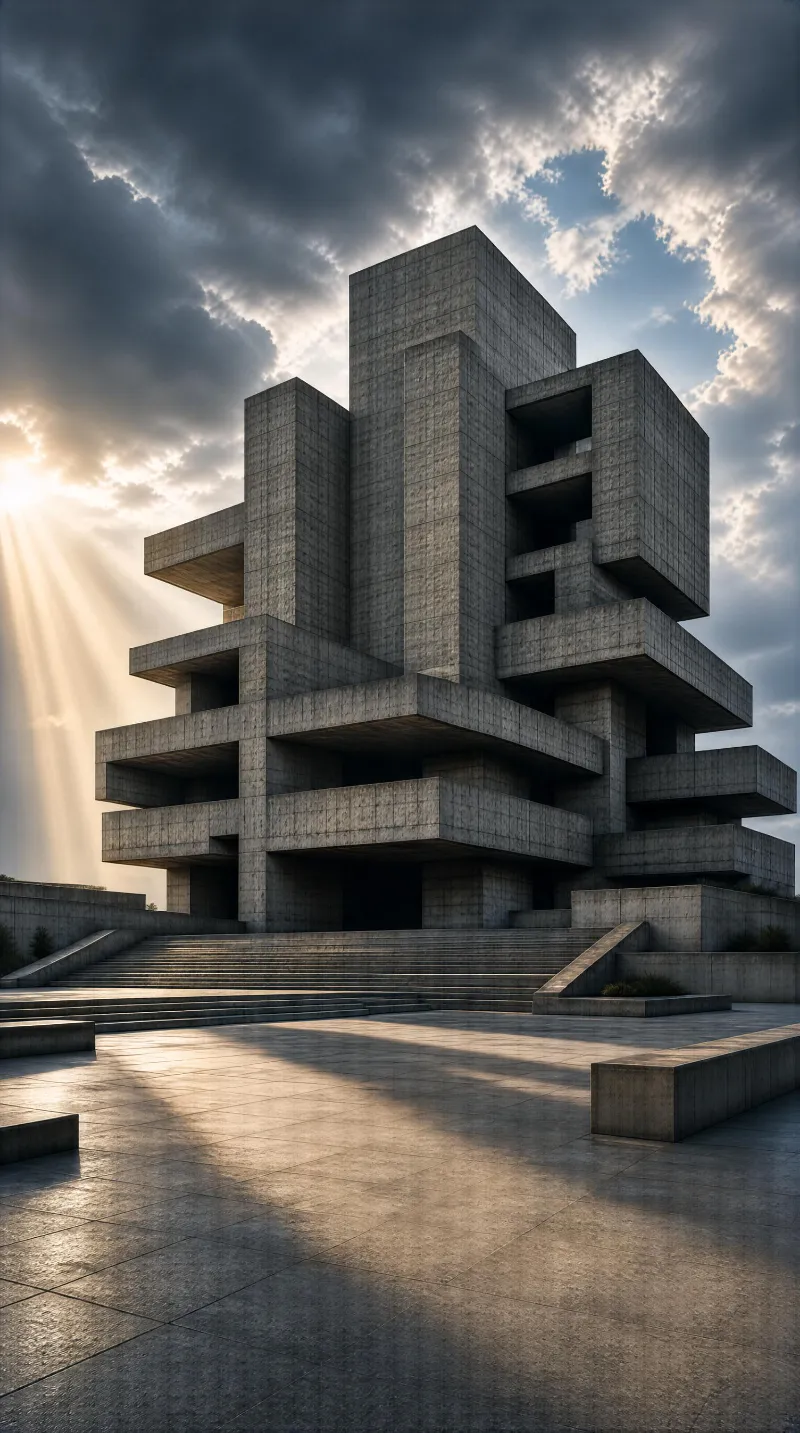 Modernist Concrete Building with Terraces