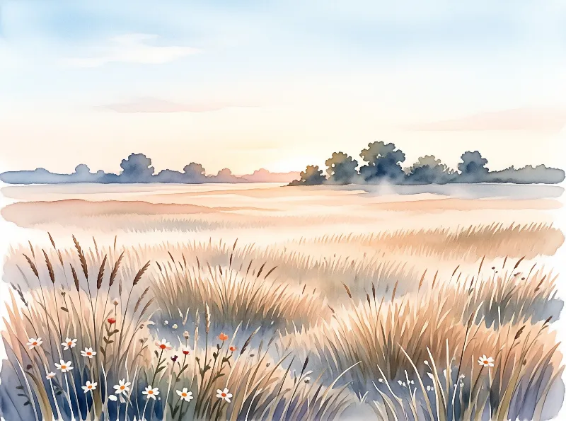 Pale golden grasses dotted with small white daisies extend toward distant hazy blue trees under warm soft dawn sky.