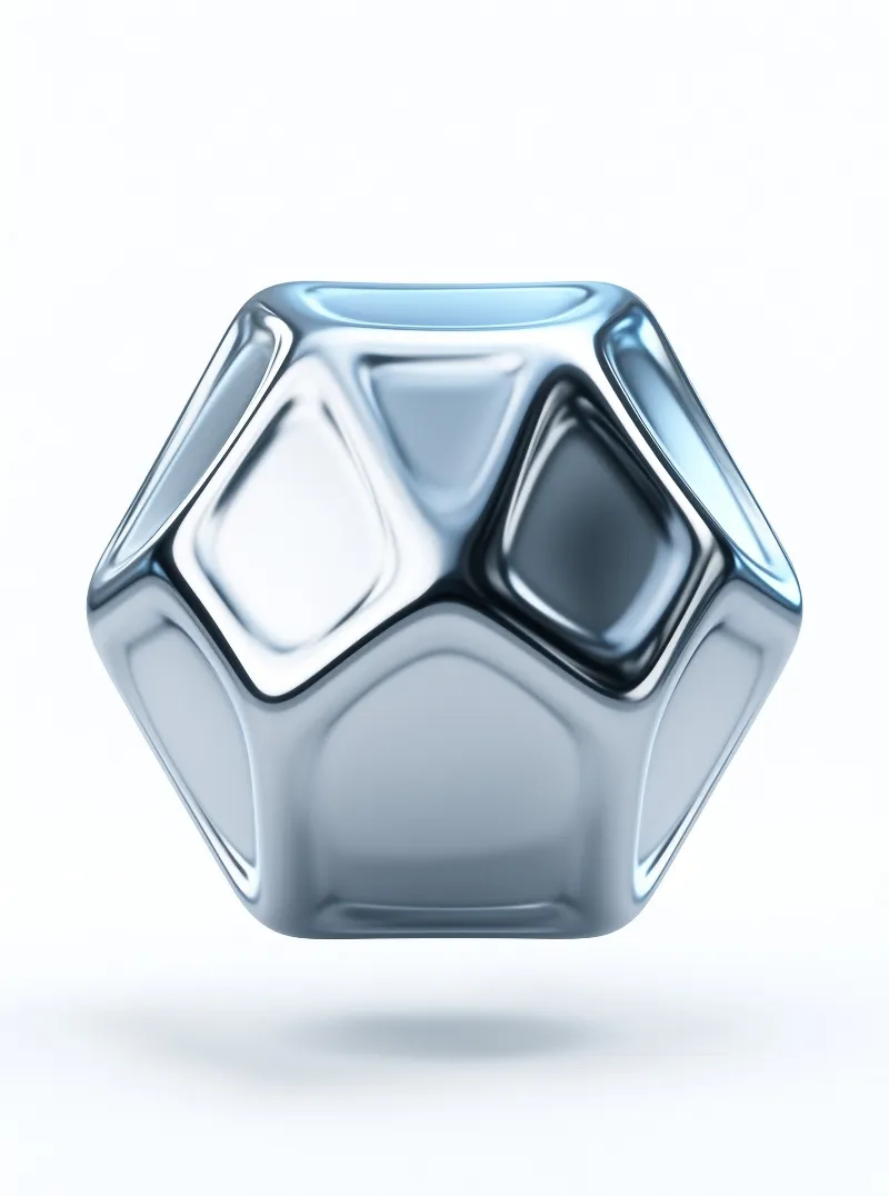 A faceted dodecahedron rendered in mirror polished chrome floats over a white studio setting casting a soft shadow.