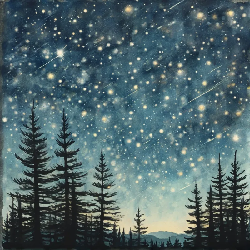 Dark evergreen trees stand against a deep blue sky filled with bright stars and shooting meteors creating a serene winter atmosphere.