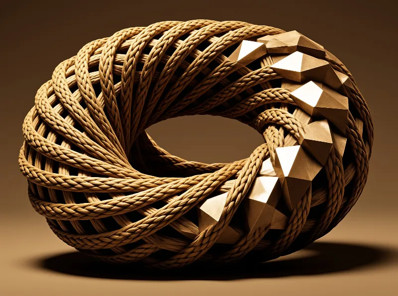 A complex structure combining braided fibers and sharp faceted geometric forms in warm bronze tones.