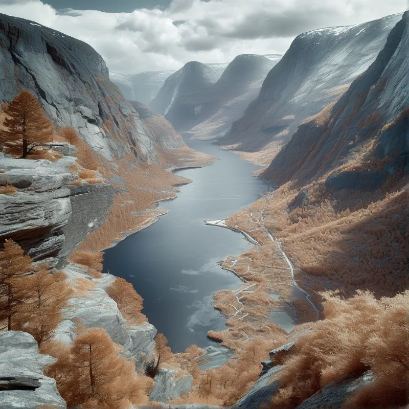 An aerial infrared view of a calm river threading through steep grey cliffs draped in copper foliage