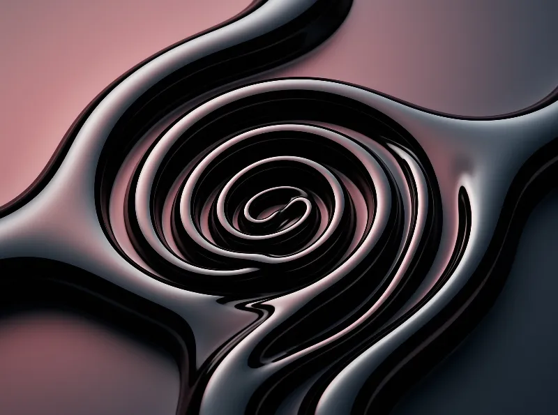 Glossy black and white bands wind into a central vortex beneath a pink to gray gradient backdrop.