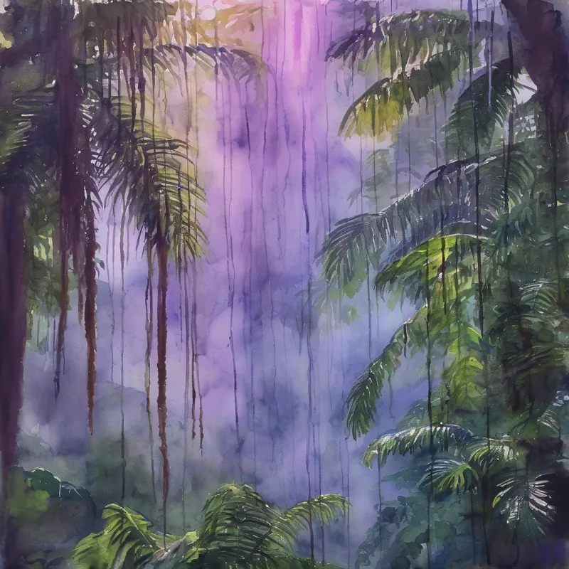 Lush tropical palm fronds and hanging vines frame a hazy violet misty jungle valley in this soft warm lit watercolor piece.
