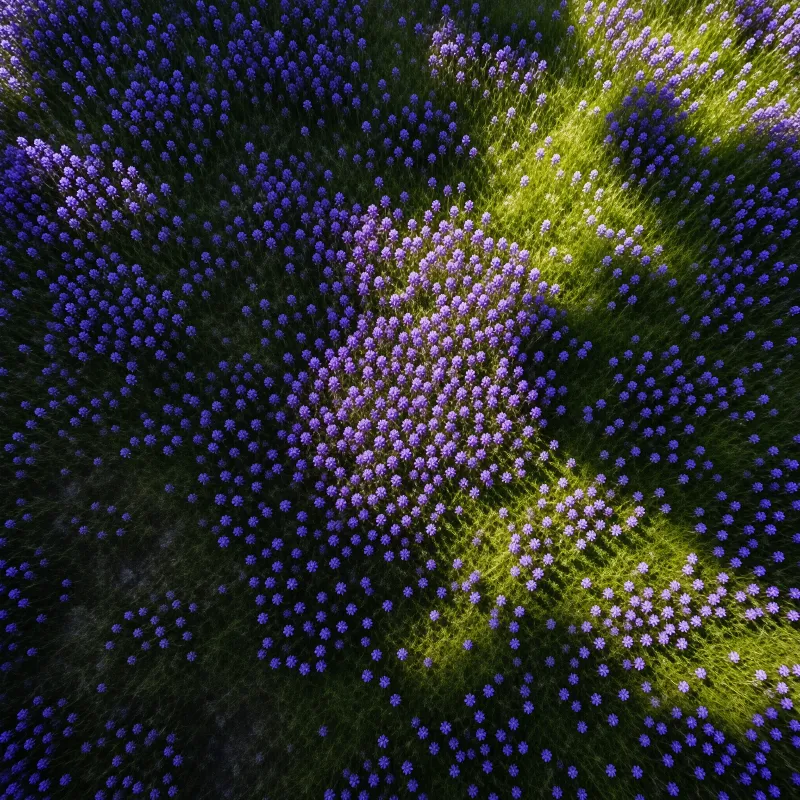 A dense field of purple lavender flowers is lit by a bright yellow cross pattern.