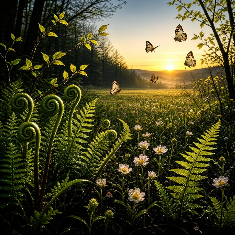 Colorful butterflies flutter near spiral fern fronds in a sunrise-lit meadow filled with wildflowers.