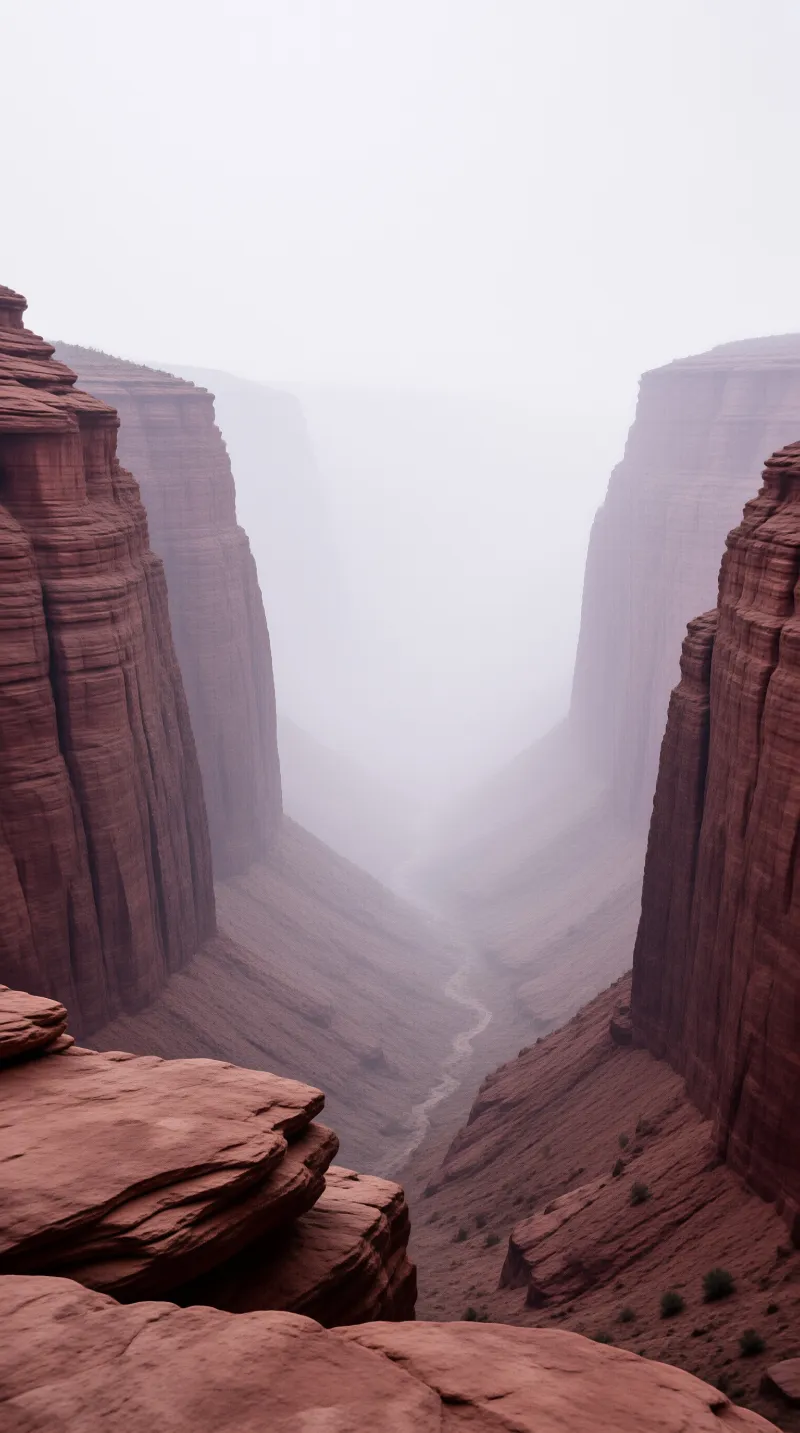 Tall red rock walls frame a deep valley where thick white mist covers the riverbed and distant mesas.