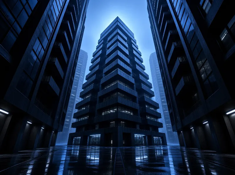 Tall angular skyscraper centered between dark buildings on a wet reflective street under a blue twilight sky.