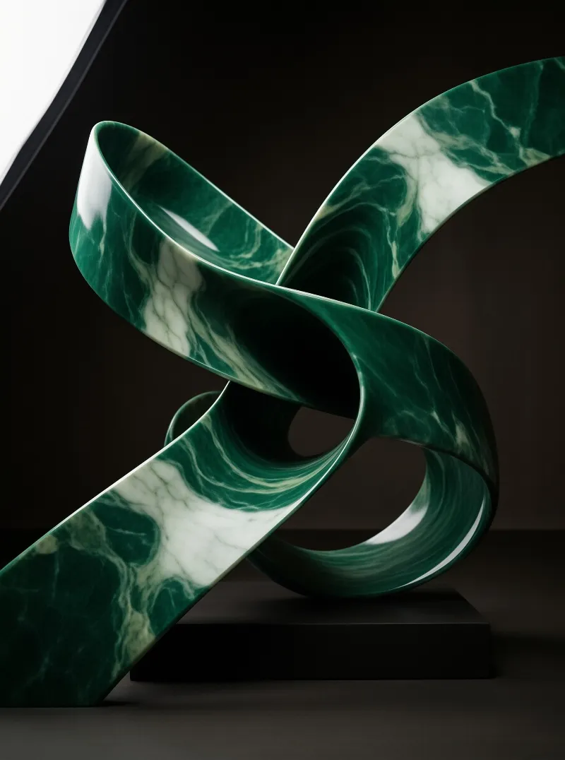 A polished green marble sculpture twisted into a continuous ribbon loop stands on a dark base with dramatic lighting.