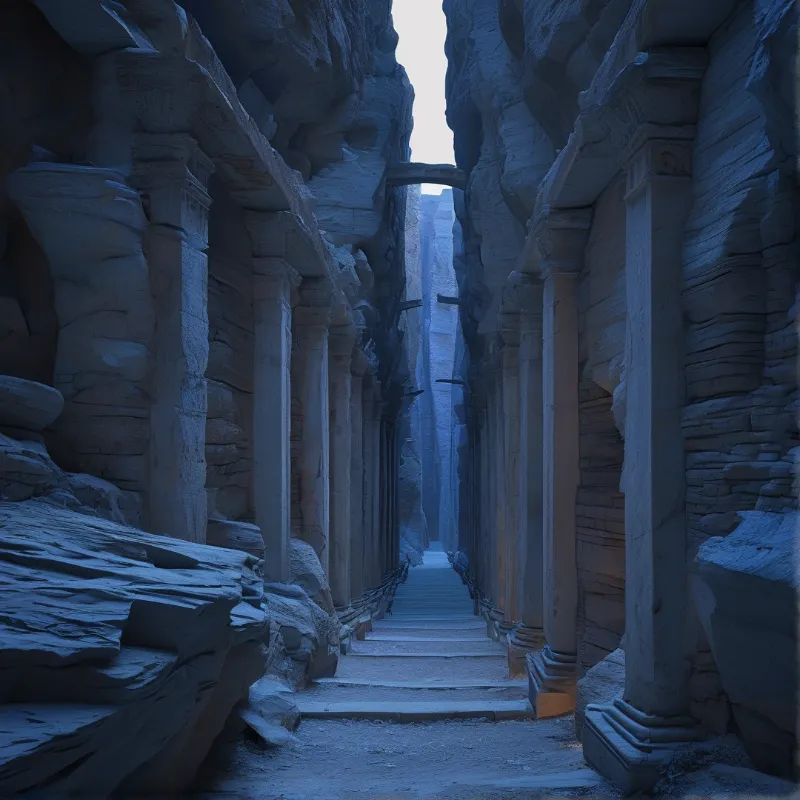 A colonnade of weathered stone columns lines a narrow canyon path, bathed in cool blue light with a distant arched bridge.