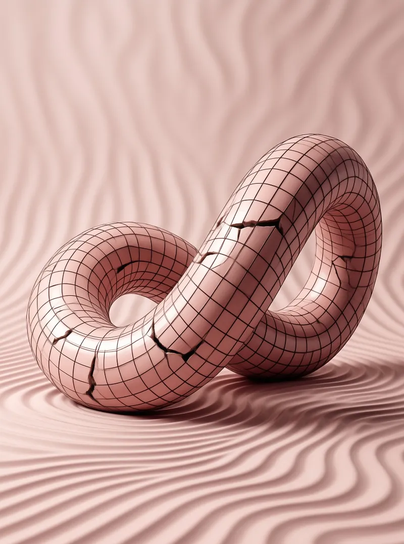 A rose gold figure eight torus with grid lines and cracks is placed on a dusty surface with ripple patterns
