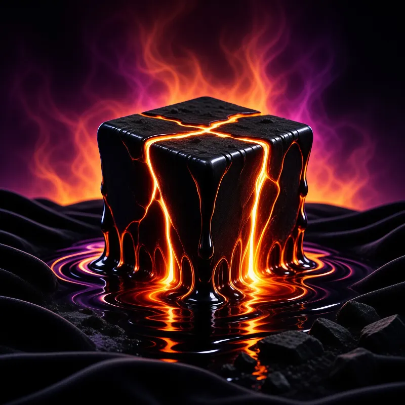 A glossy black cube splits along glowing orange seams, molten light dripping into rippling dark liquid amid violet flames.