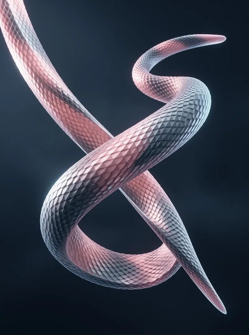A low-poly snake-like form with pink and blue faceted scales twists sinuously in a dark void.
