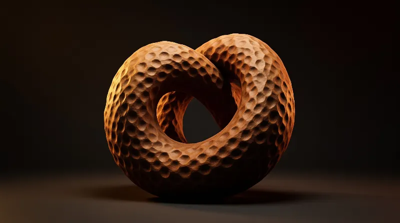 A torus shape covered in golf ball dimples sits against a dark backdrop with warm amber lighting highlighting its texture.