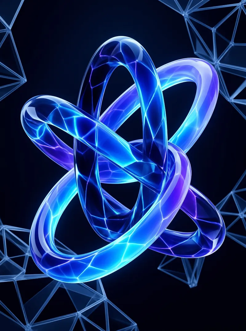 A translucent blue and purple knot glows against a dark background with faint geometric wireframe patterns.