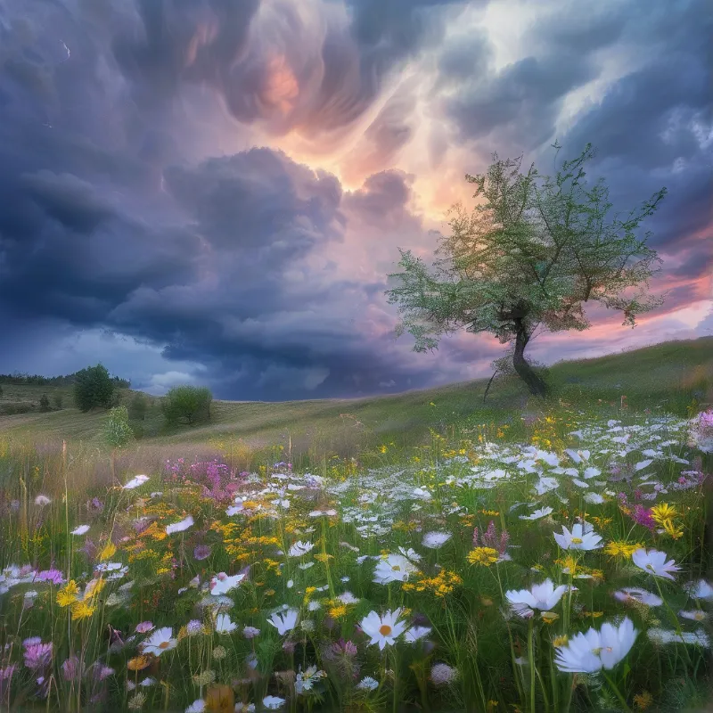 Flower Field Under Stormy Sky