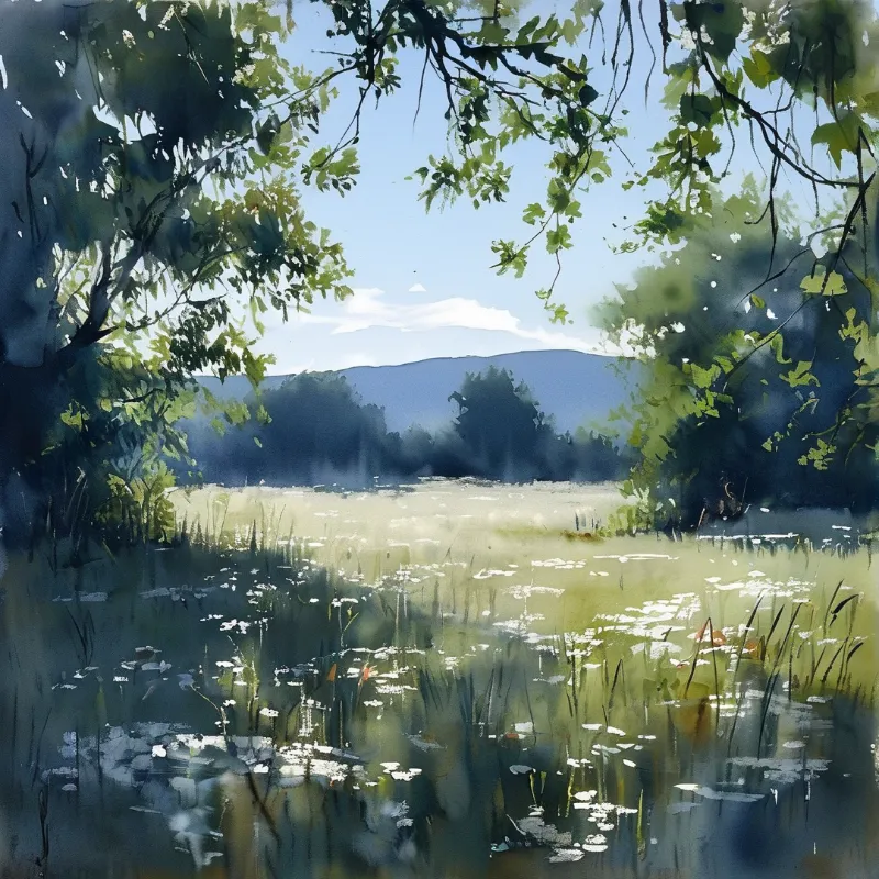 Loose watercolor of a shallow marsh pool ringed by reeds, with blue hills and green boughs framing the sky