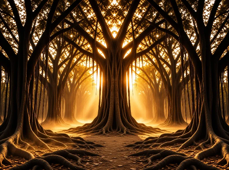 A path runs through rows of banyan trees with sprawling roots, bathed in golden light filtering through the forest canopy.