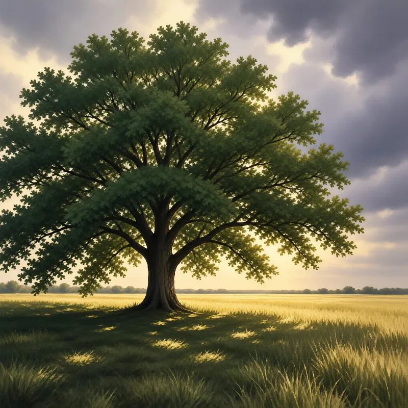 A large tree stands in a flat field of yellow grain while sunlight filters through dark storm clouds above the horizon.