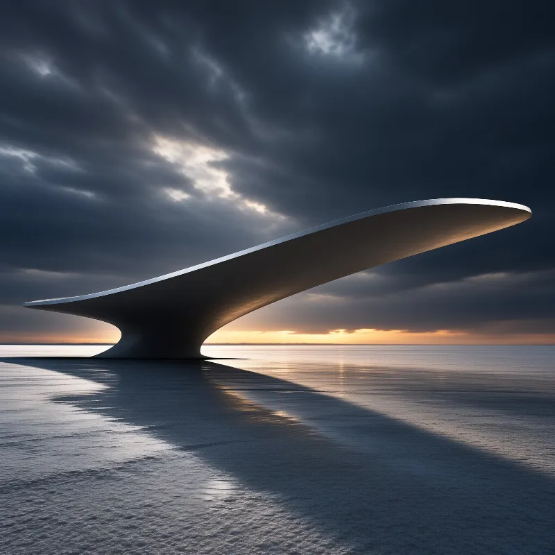 A sleek white form rests on wet sand beneath a dramatic cloudy sky with sunset light breaking through.