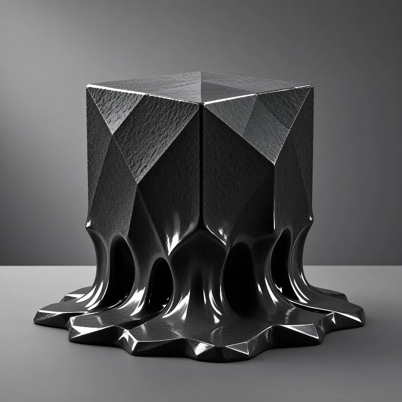 A glossy black geometric cube with sharp facets at the top and a melting fluid base sits on a gray surface.