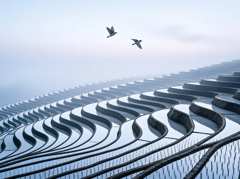 Winding water-filled rice terraces curve through a foggy landscape with two birds flying overhead in soft blue light.