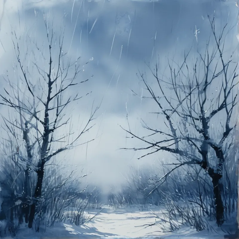 A snow covered forest path is framed by leafless bare trees as snow flurries drift across the blue toned winter scene