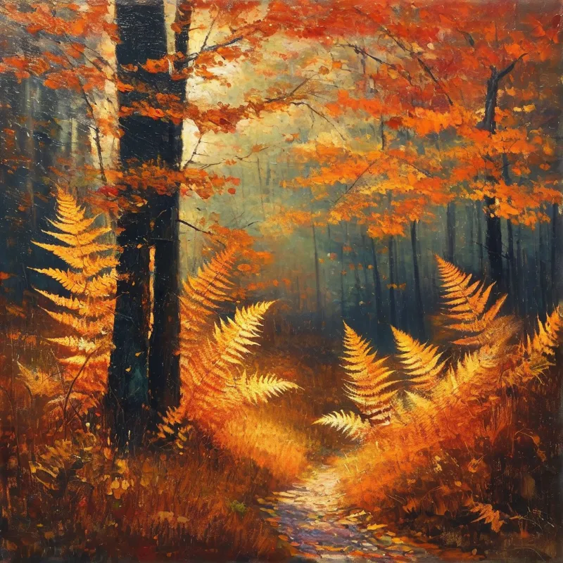A painting depicts a winding forest path surrounded by tall trees and bright orange ferns glowing in the light.