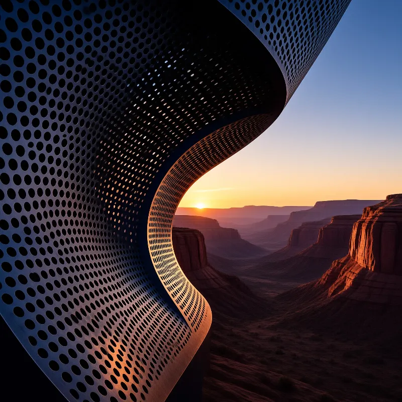 A curved perforated metal screen frames a layered desert canyon at sunset, with warm low sun glow against a cool blue evening sky.