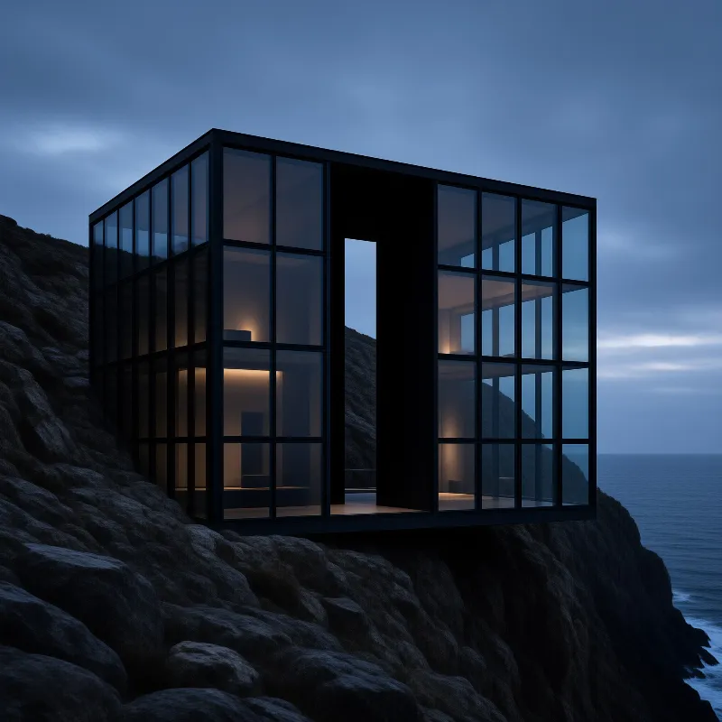 A cubic glass structure with warm interior lighting sits on a dark rocky cliff overlooking the ocean during twilight.